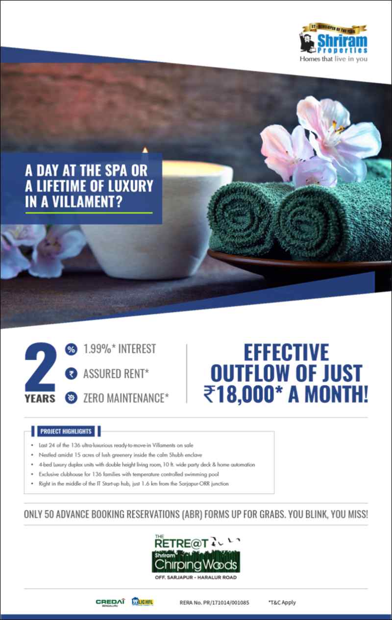 Own villament life at just Rs. 18000 a month at Shriram Chirping Woods in Bangalore